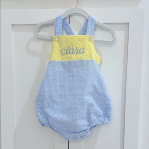 Stitchy Fish Blue/White/Yellow Seersucker Sunsuit/Bubble w/ Clara Monogram 12M